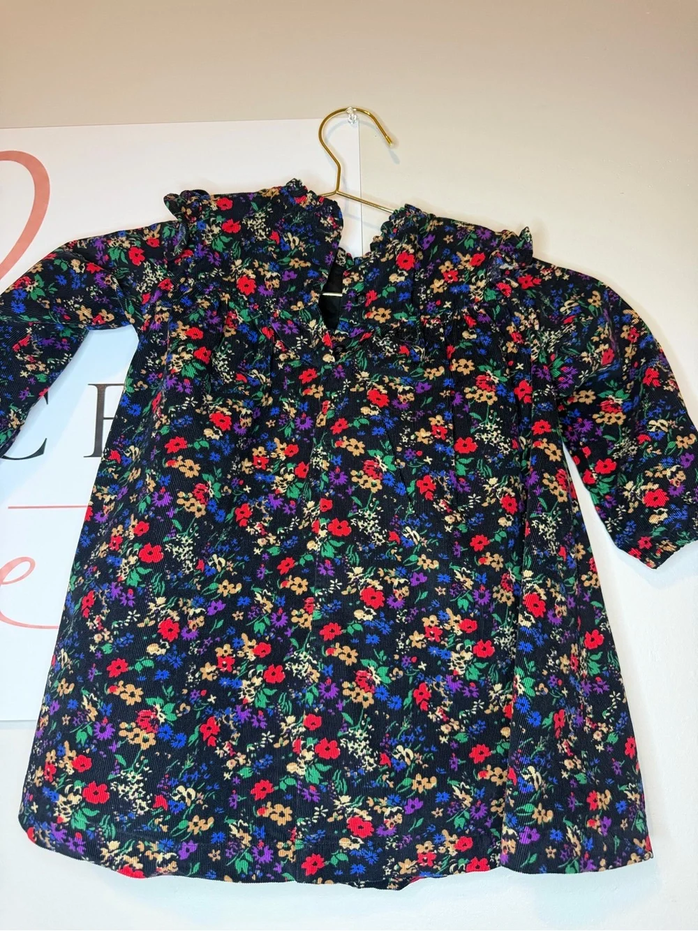 GAP Black Floral Ruffle Collar Long-Sleeve Dress